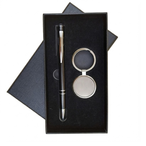 Kit Caneta Metal Esferografica com touch e Chaveiro Metal Redondo-HC001BBBK+HJ-1655