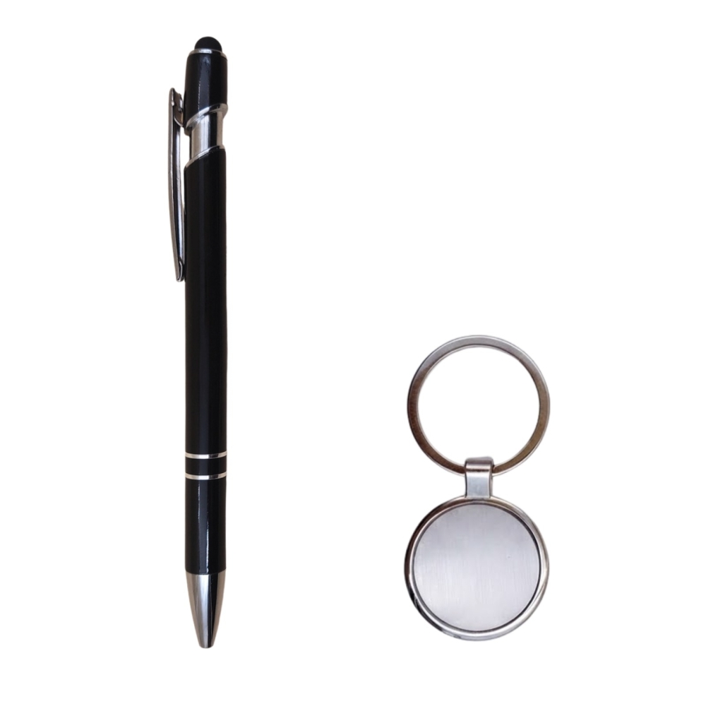 Kit Caneta Metal Esferografica com touch e Chaveiro Metal Redondo